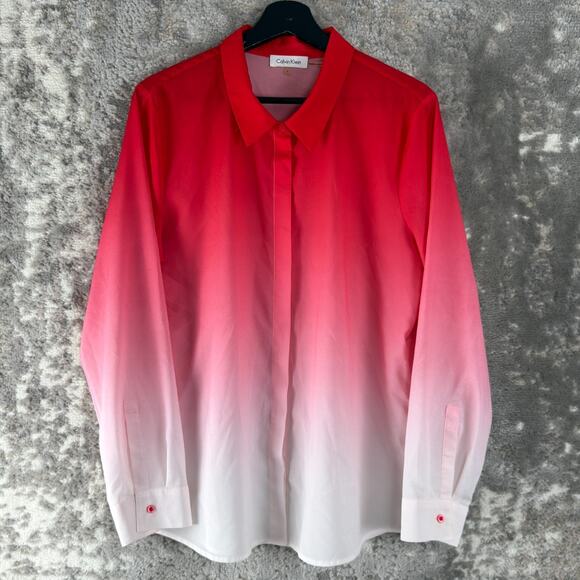 Calvin Klein Size L Ombre Casual Button Top Red White Long Sleeve Collar Shirt - Picture 1 of 9